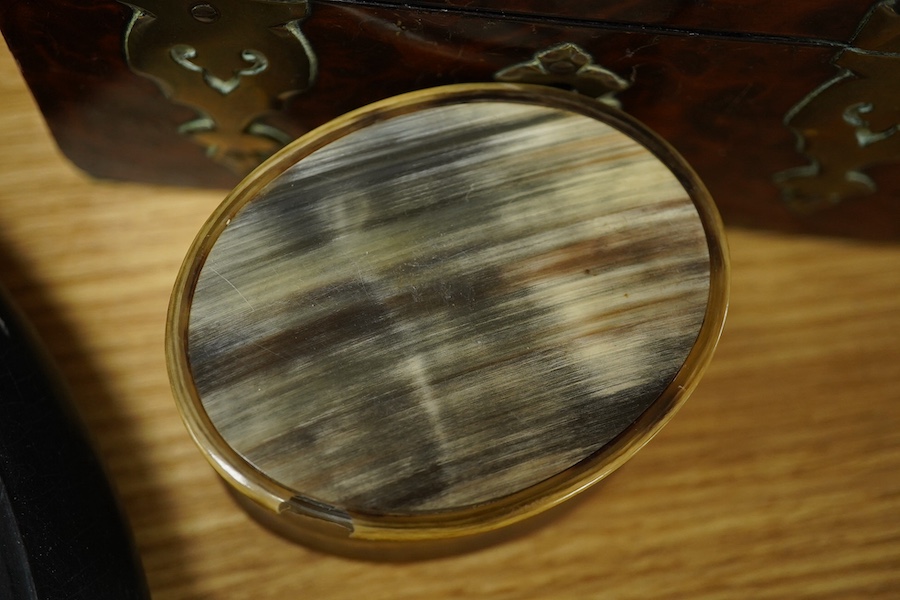 A yew wood domed box, an olivewood scent bottle box, a horn oval box and black circular mirror and two instruments, mirror 30cm diameter. Condition - fair to good